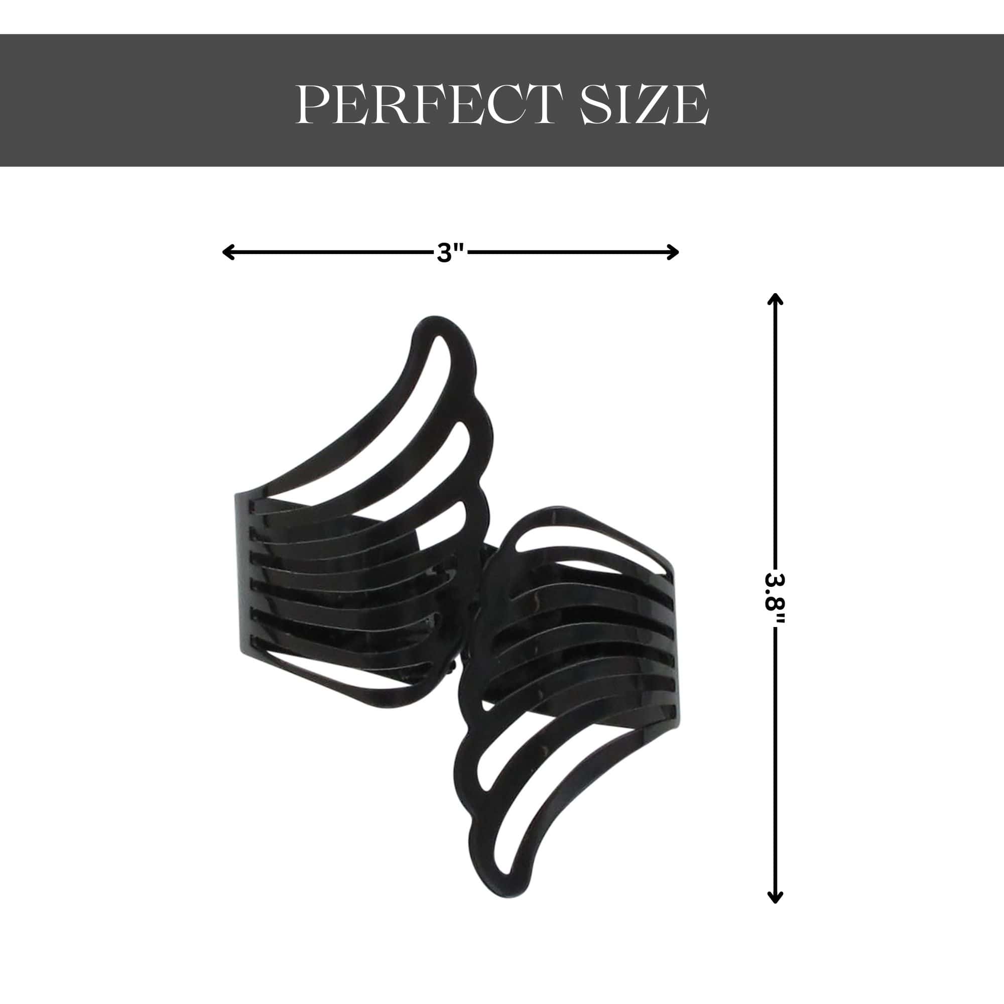 "Black metal wings tieback with dimensions: 3 inches wide by 3.8 inches tall"
