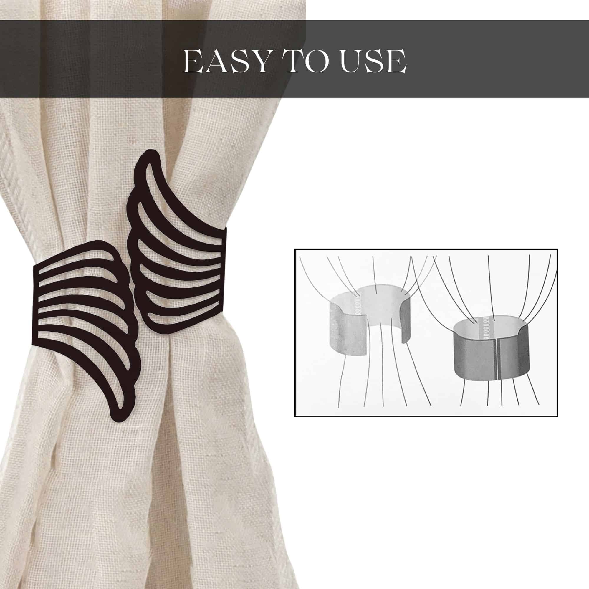 "Black wings curtain tieback in use with illustrated installation diagram"