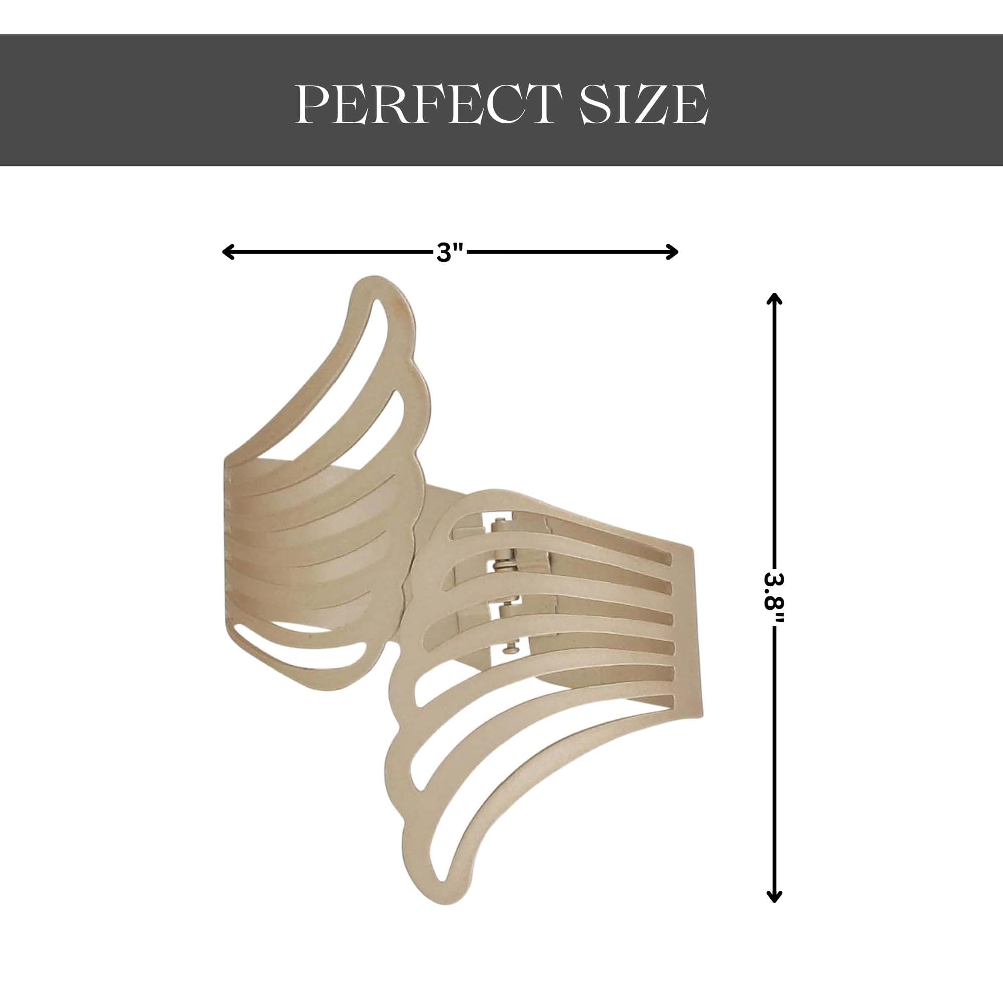 "Gold metal wings tieback with dimensions: 3 inches wide by 3.8 inches tall"