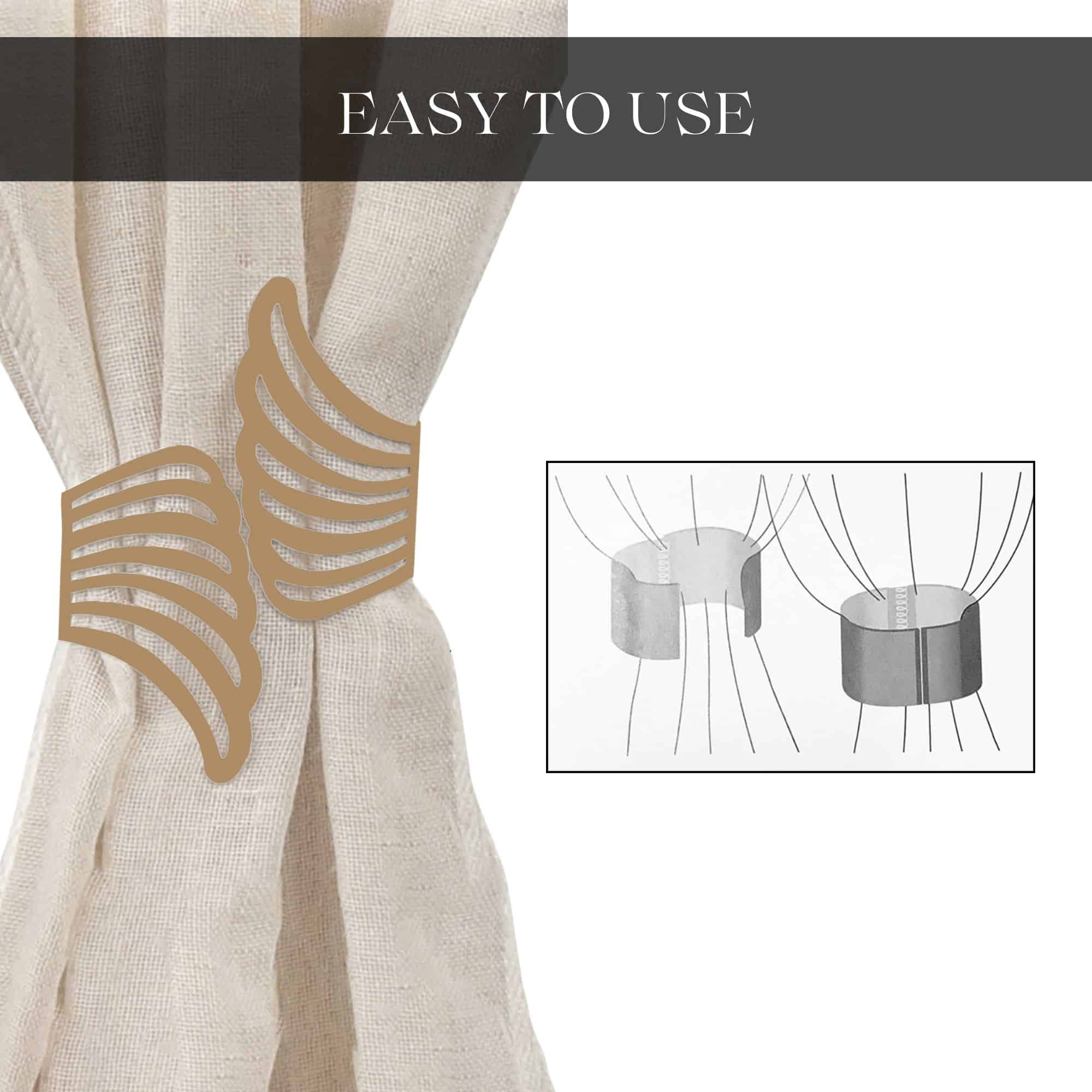 "Gold wings curtain tieback in use with illustrated installation diagram"