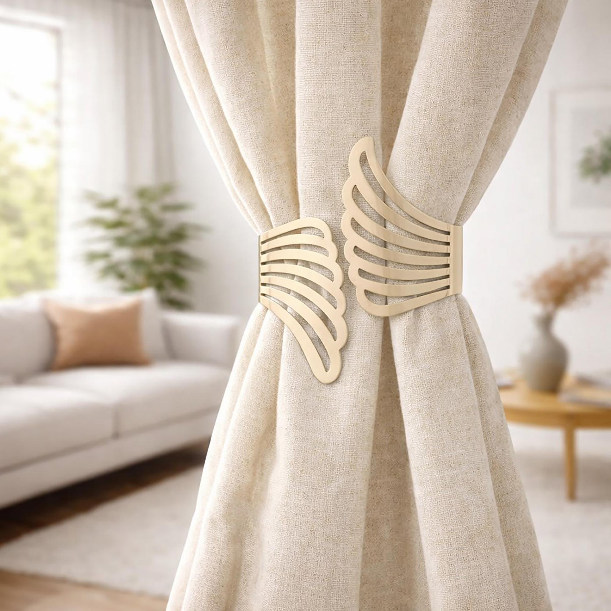 "Gold metal wings tieback holding cream curtains in a modern living room"