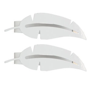 "White metal feather-shaped curtain tiebacks on white background"