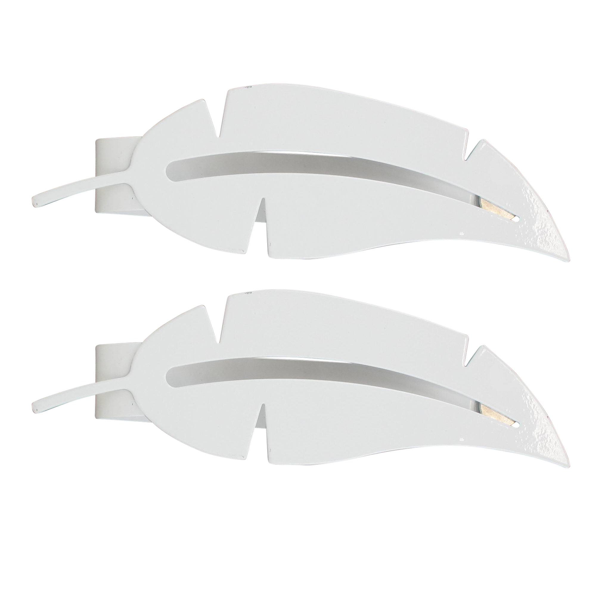 "White metal feather-shaped curtain tiebacks on white background"