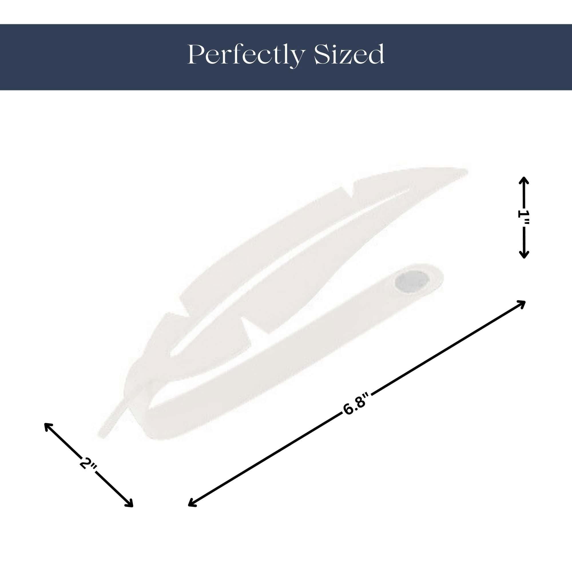 "Diagram showing feather tieback dimensions: 6.8 inches long, 2 inches wide"