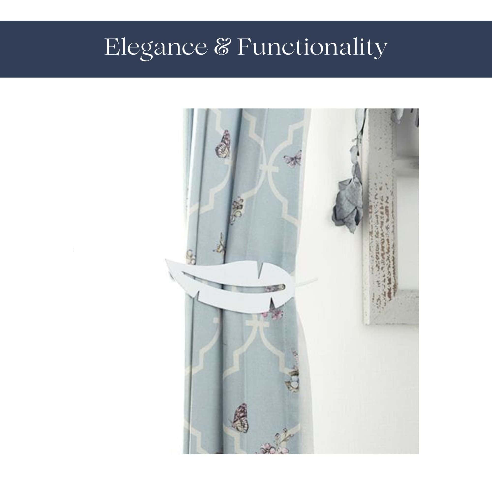 "White feather tieback holding blue patterned curtain"