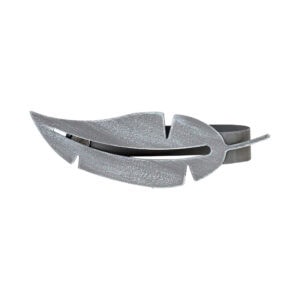 "Grey brushed metal feather-shaped curtain tieback on white background"
