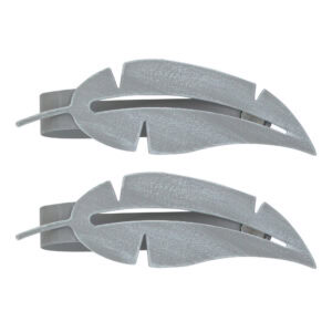 "Grey brushed metal feather-shaped curtain tiebacks on white background"