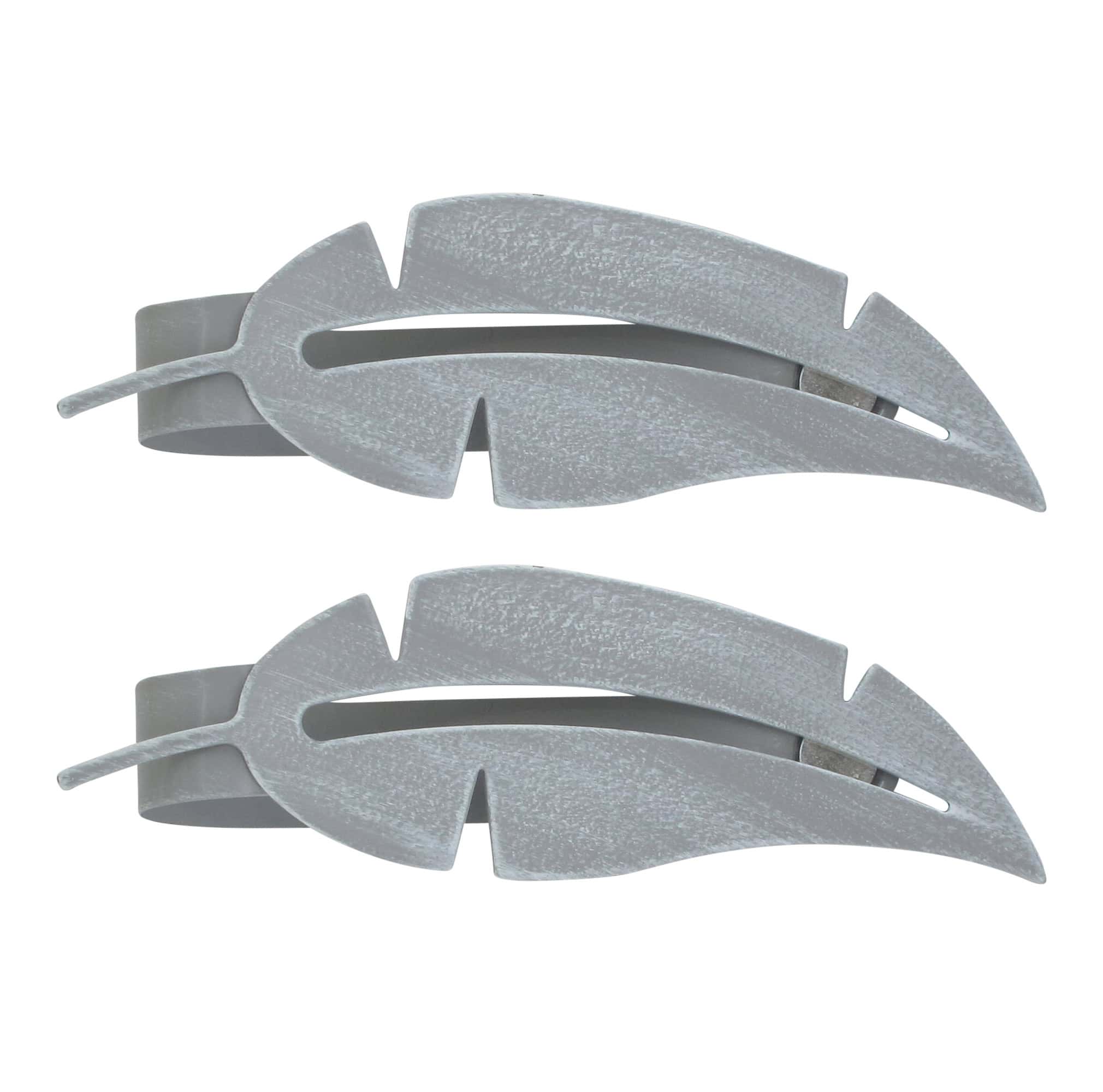 "Grey brushed metal feather-shaped curtain tiebacks on white background"