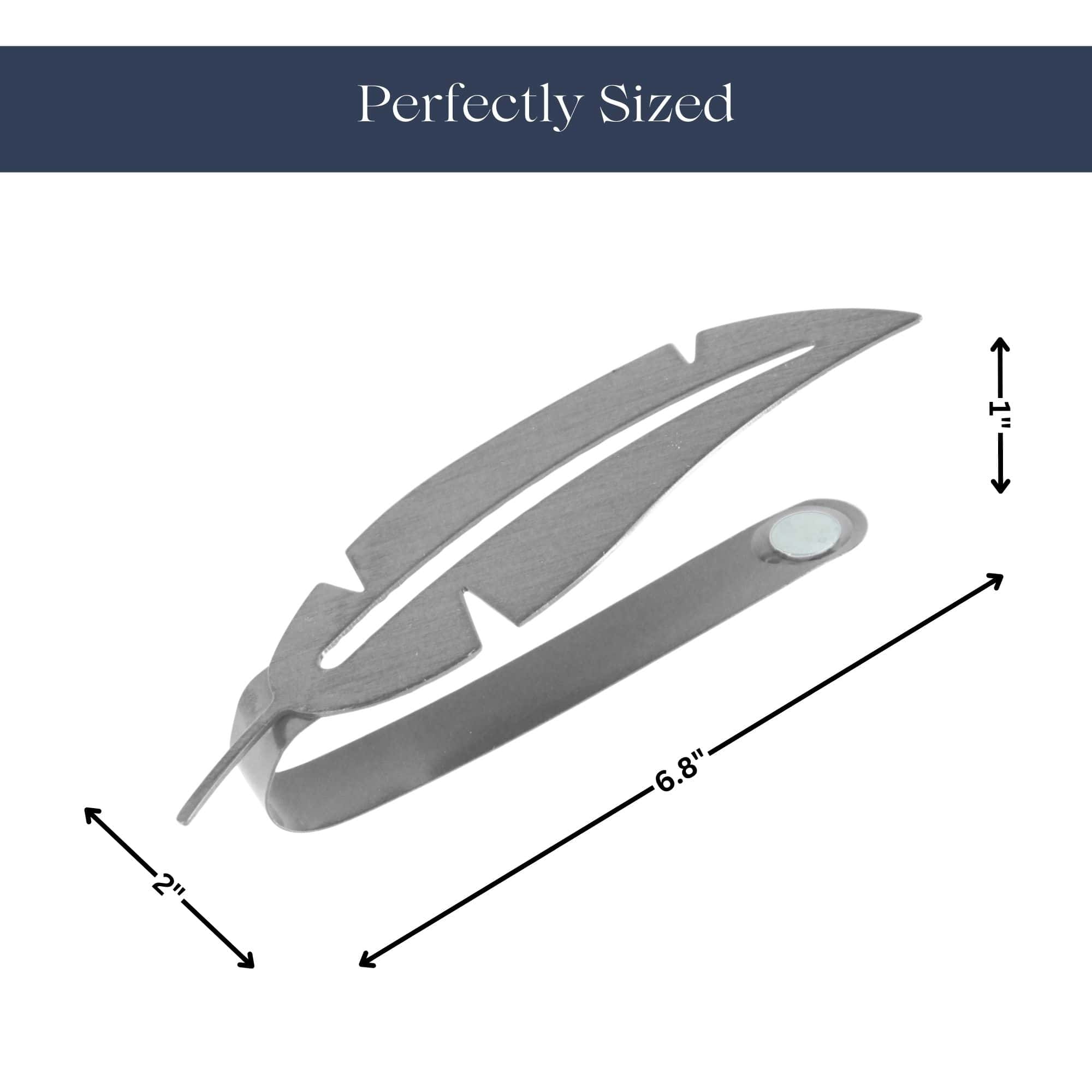 "Diagram showing grey feather tieback dimensions: 6.8 inches long, 2 inches wide"
