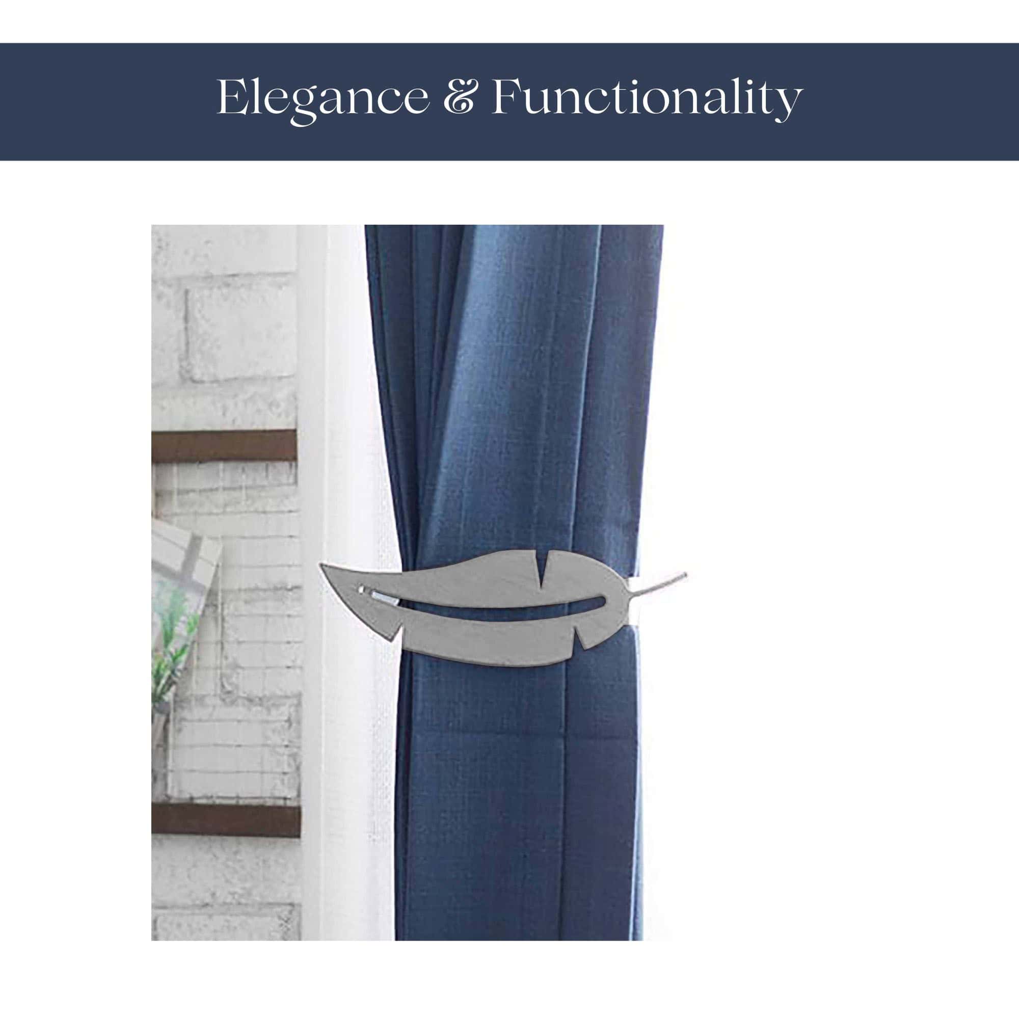 "Grey feather tieback holding navy blue curtain against white brick wall"