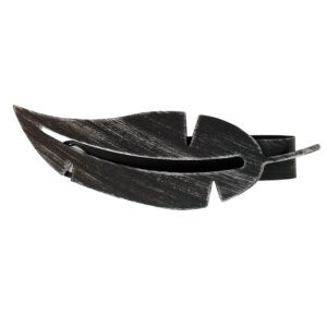 "Black brushed metal feather-shaped curtain tieback on white background"