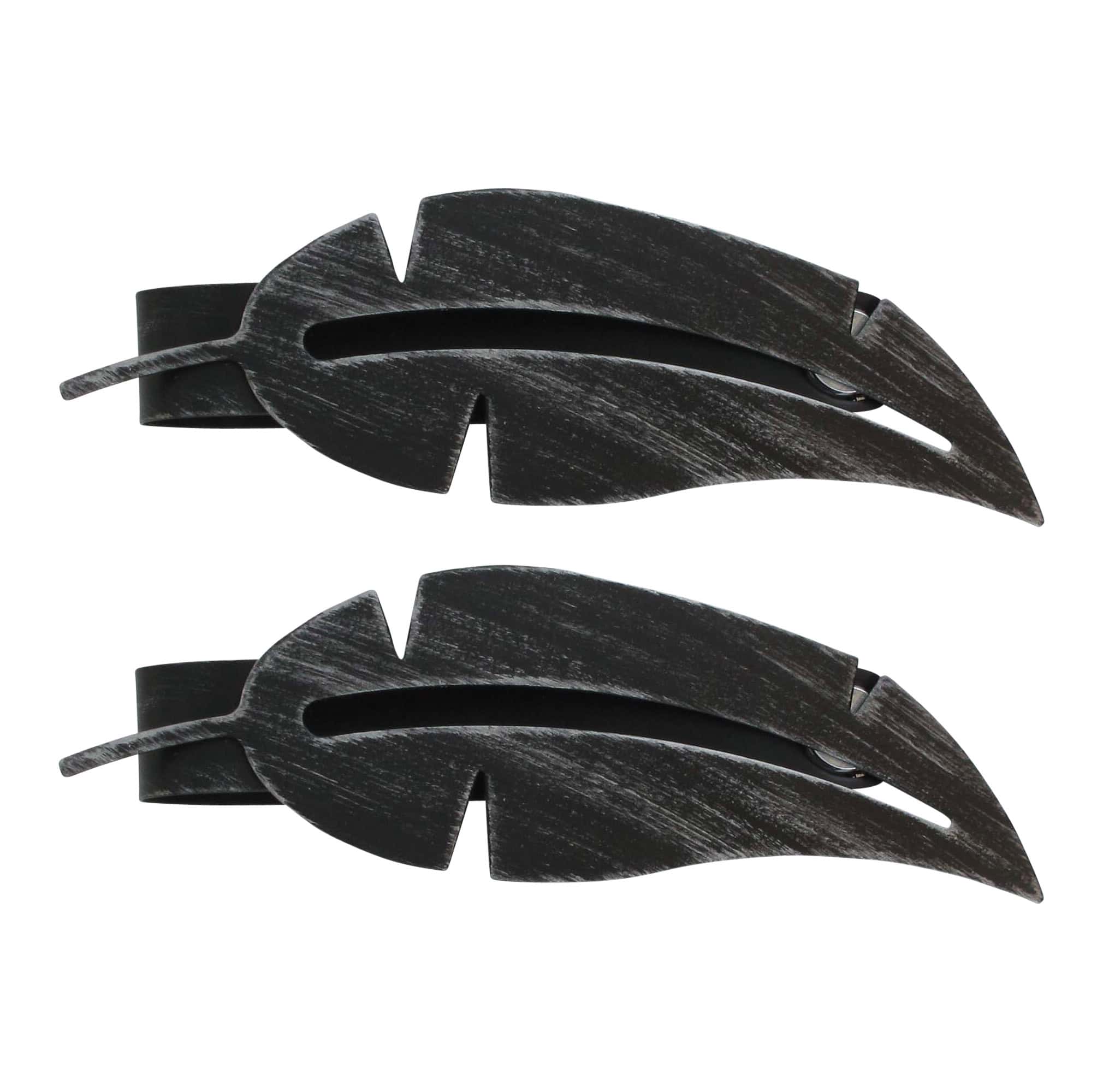 "Black brushed metal feather-shaped curtain tiebacks on white background"