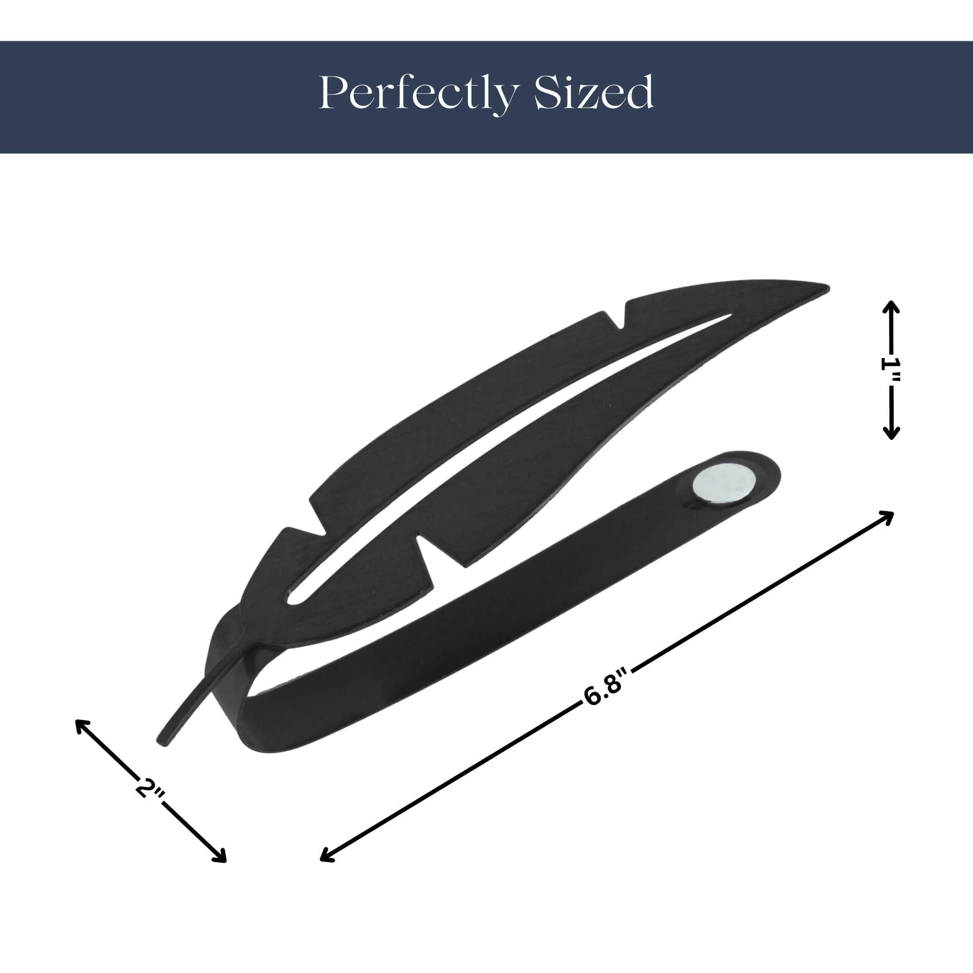 "Diagram showing black feather tieback dimensions: 6.8 inches long, 2 inches wide"