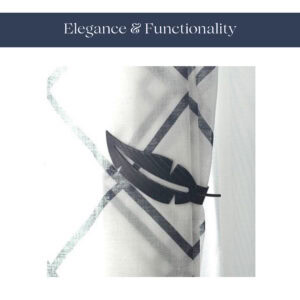 "Black feather tieback holding white geometric-print curtain"