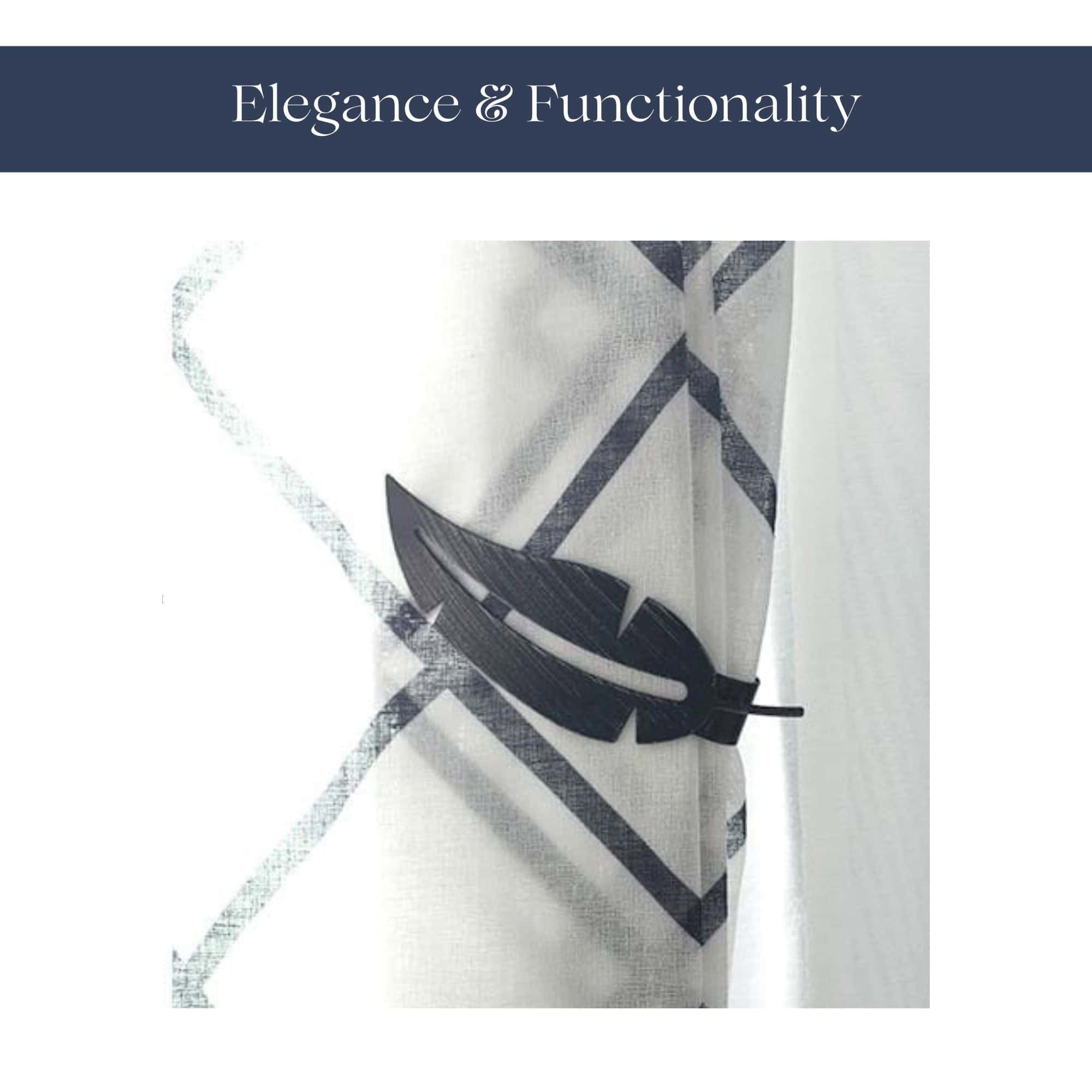 "Black feather tieback holding white geometric-print curtain"