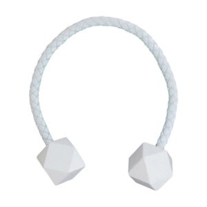 White braided faux leather curtain tieback with geometric wooden tips, product shot on white background