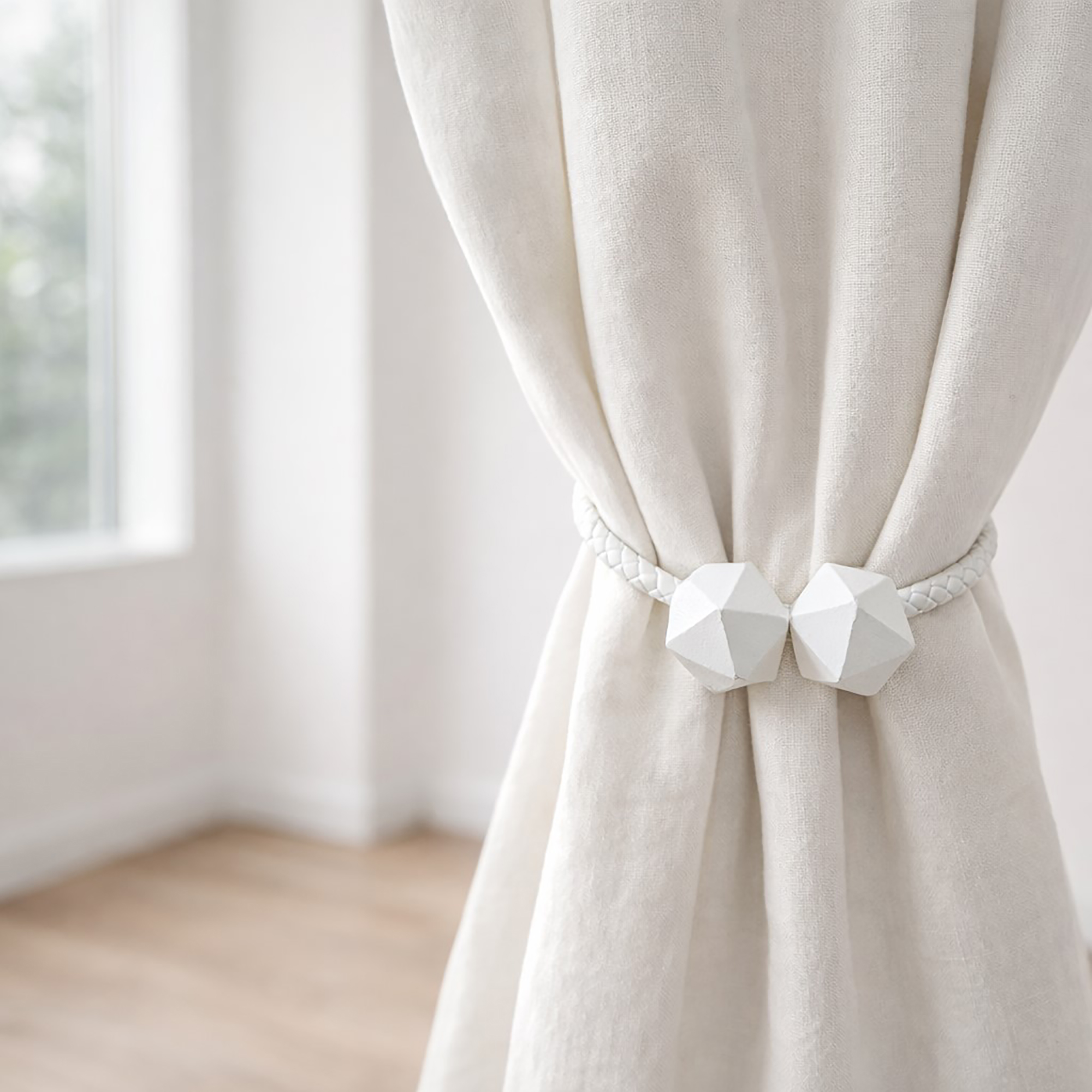 White geometric curtain tieback holding bundled ivory linen curtain