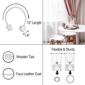 Product infographic showing 13" length, 1.4" tip size, wooden tips, faux leather cord, and flexible usage diagram