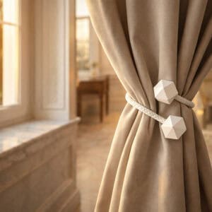 White braided tieback with faceted wooden tips gathering a beige curtain in warm light