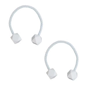 White braided faux leather curtain tiebacks with geometric wooden tips, product shot on white background