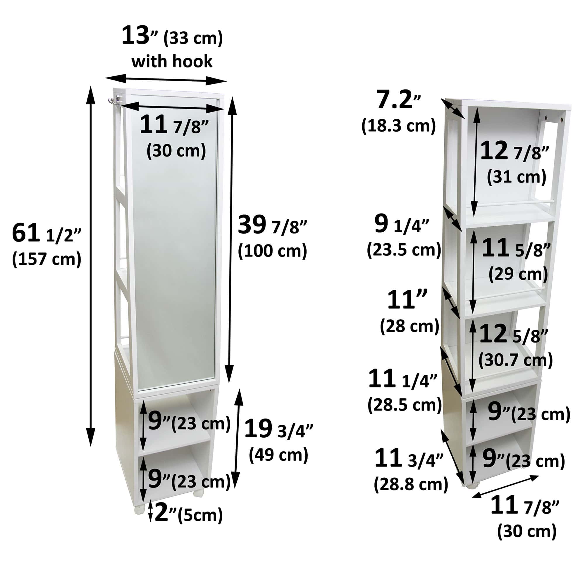 Swivel Storage Tower Cabinet Tall Organizer Linen Mirror 5 Shelves White