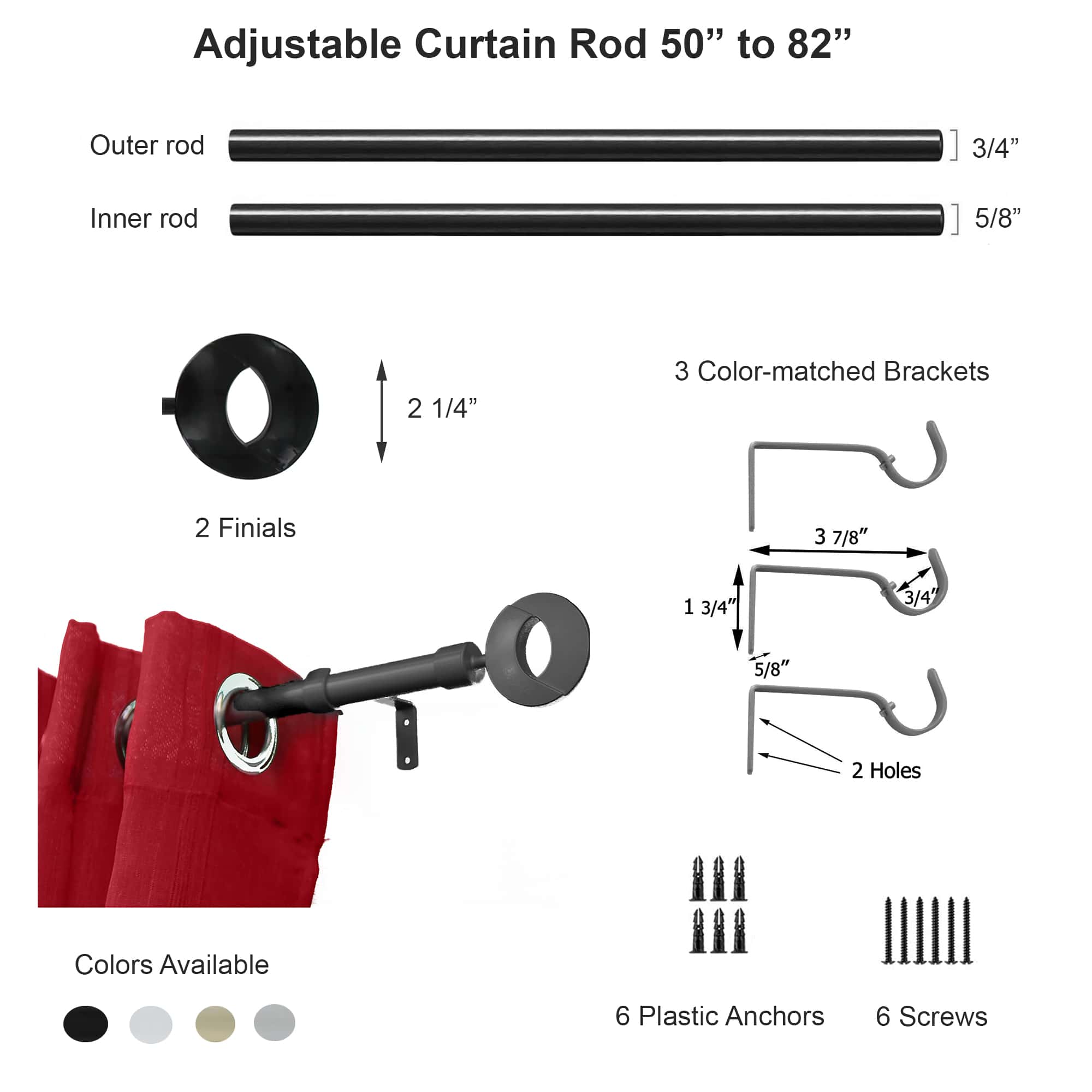2 Pack Adjustable 3/4" Single Window Curtain Rod 50" to 82" Grey