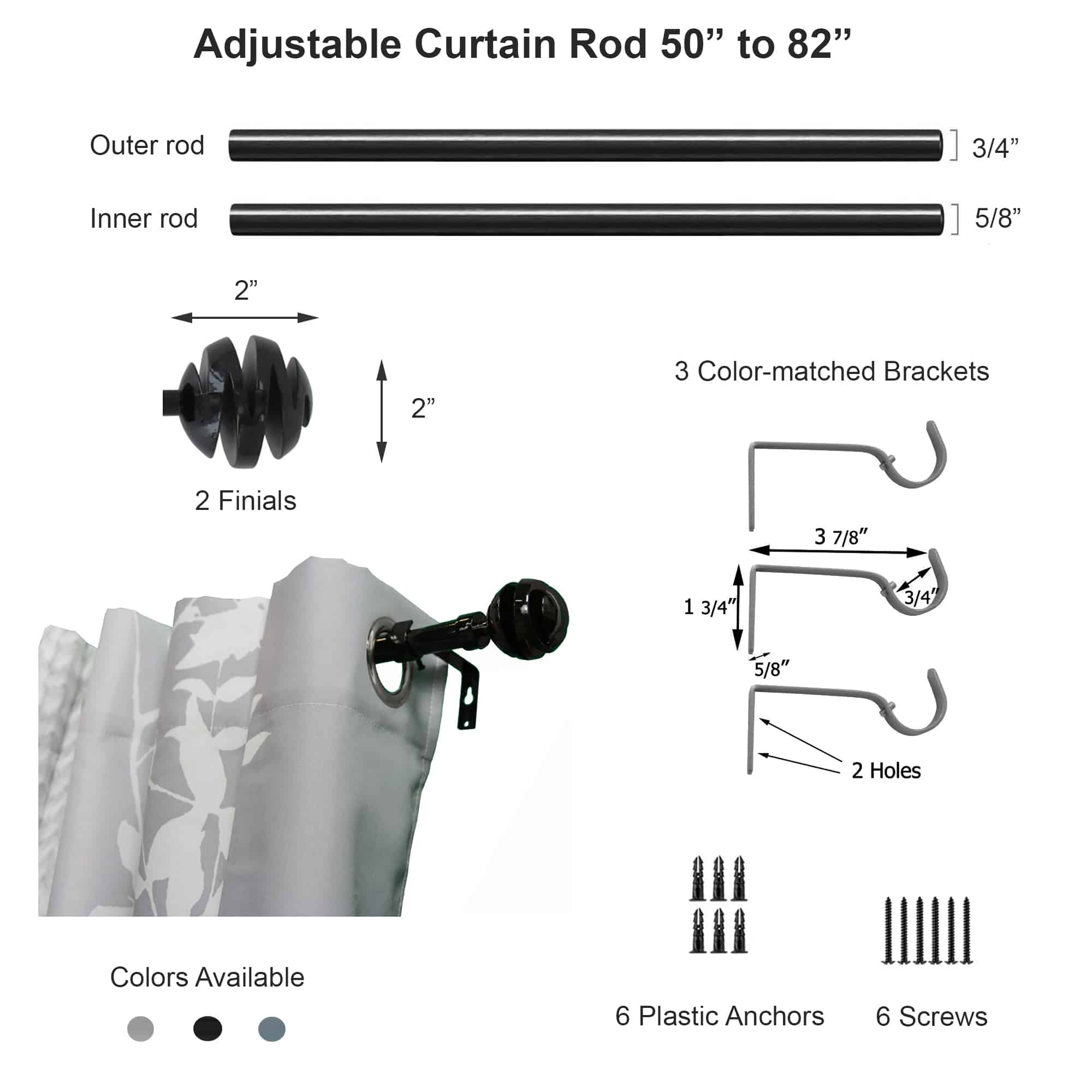 2 Pack Adjustable 3/4" Single Window Curtain Rod 50" to 82" Grey