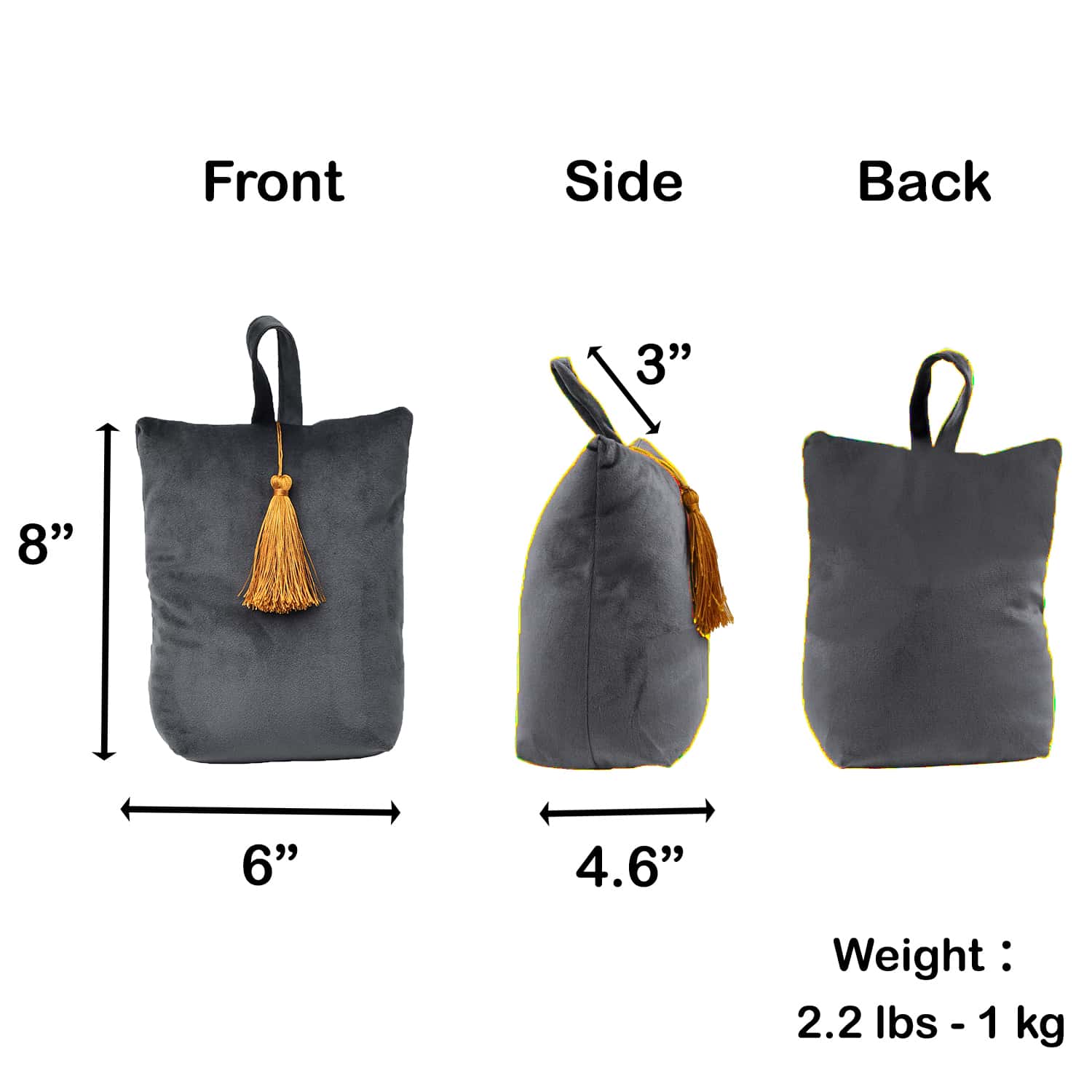 Velvet Fabric Bag Door Stop Interior Weighted Floor 2.2 lbs Dark Grey