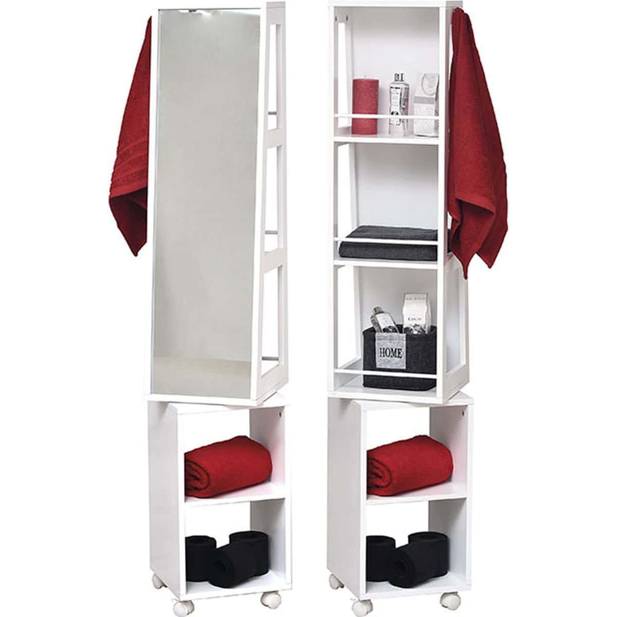 Swivel Storage Tower Cabinet Tall Organizer Linen Mirror 5 Shelves White