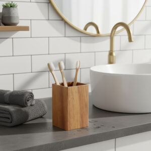 Acacia wood toothbrush holder with bamboo toothbrushes on bathroom vanity