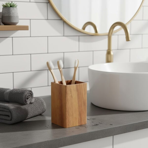 Acacia wood toothbrush holder with bamboo toothbrushes on bathroom vanity
