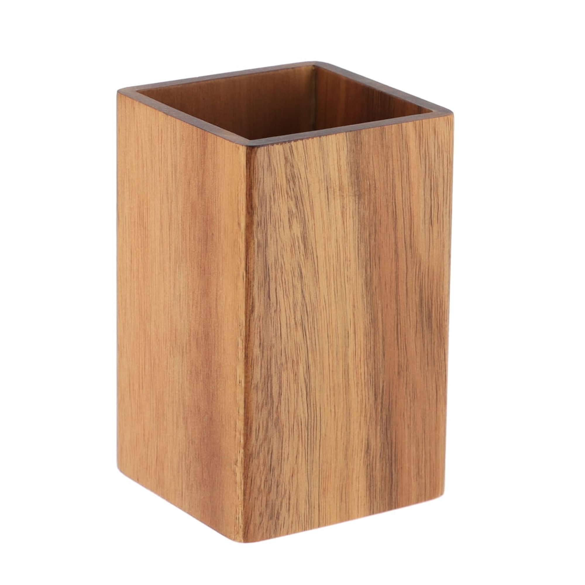 A rectangular wooden toothbrush holder made of acacia wood with a smooth finish.