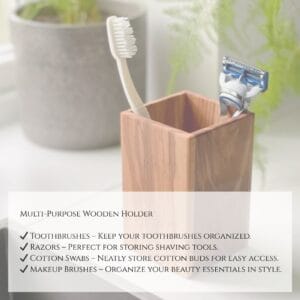 A wooden holder with a toothbrush and razor, demonstrating its use for storing multiple items.