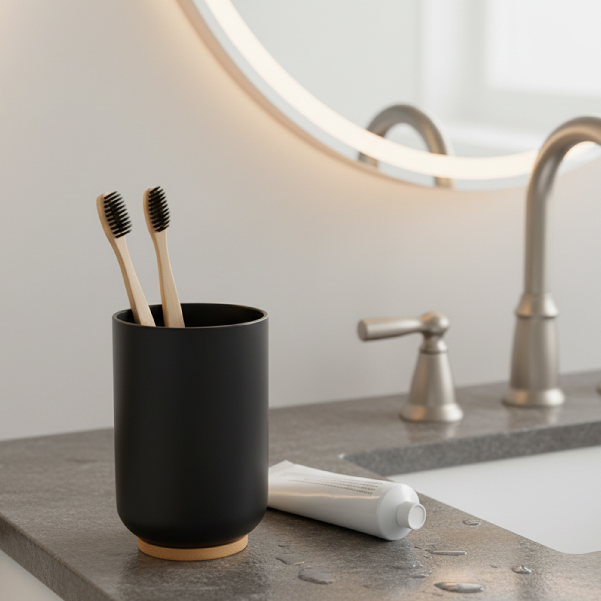 Black bathroom tumbler with toothbrushes on sink countertop