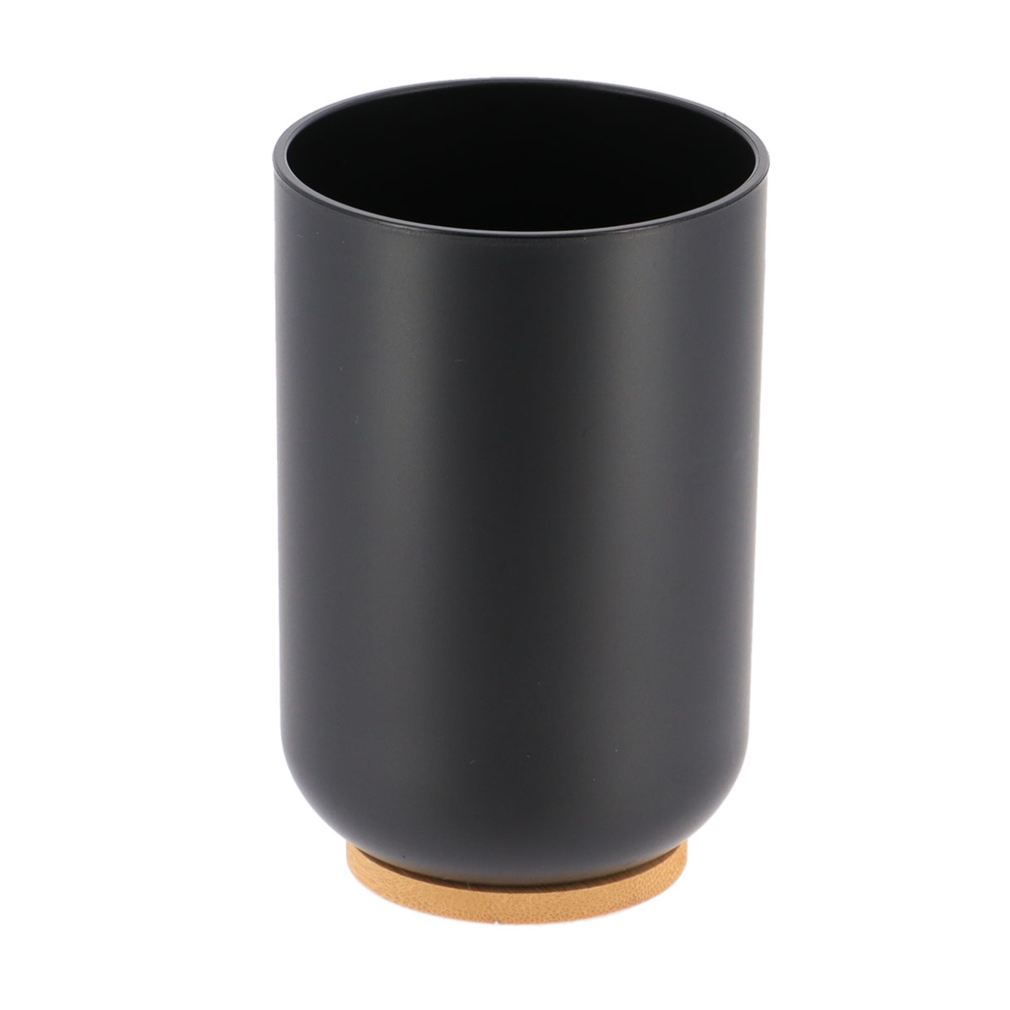 Black tumbler cup with bamboo base on white background