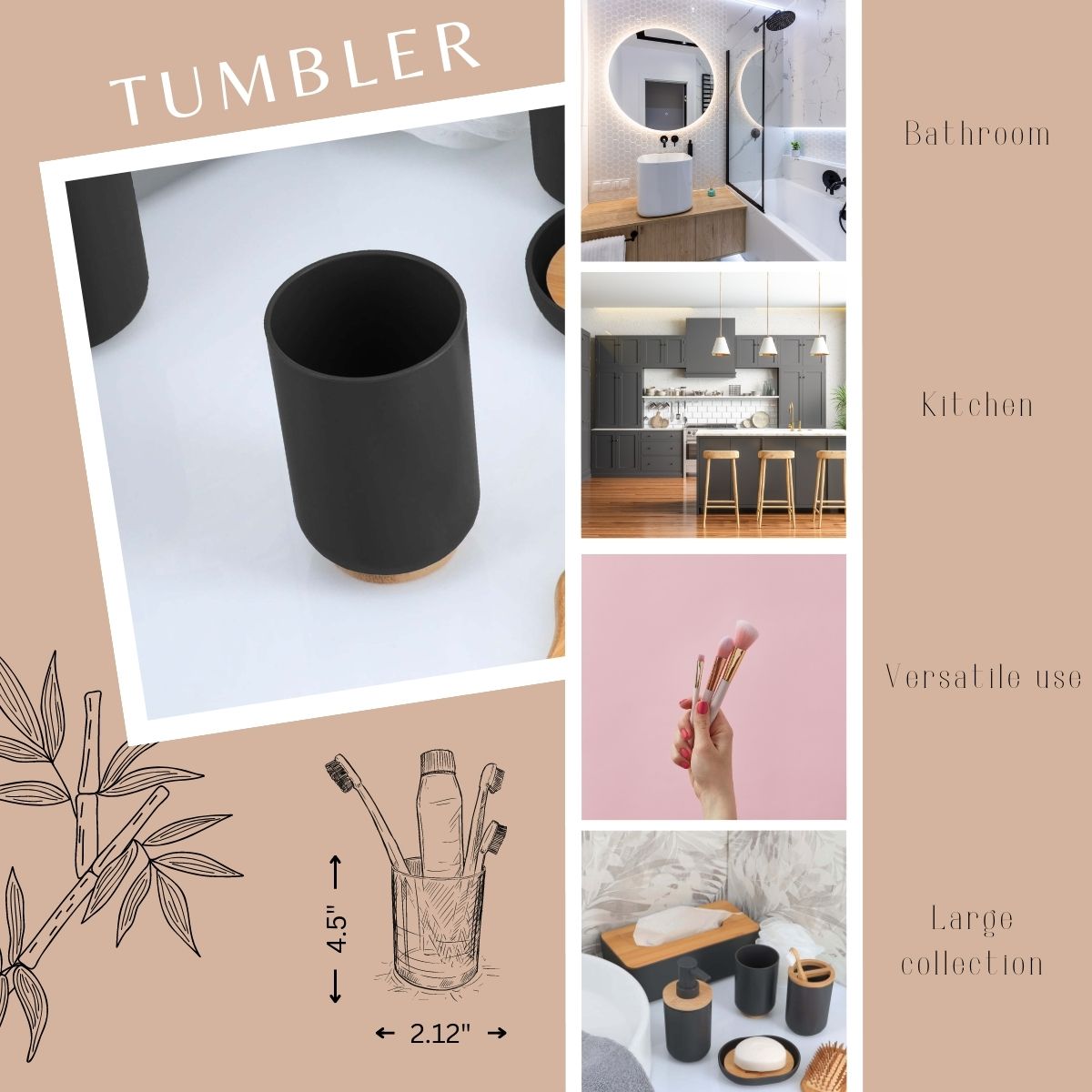 Black bathroom tumbler size and use infographic collage