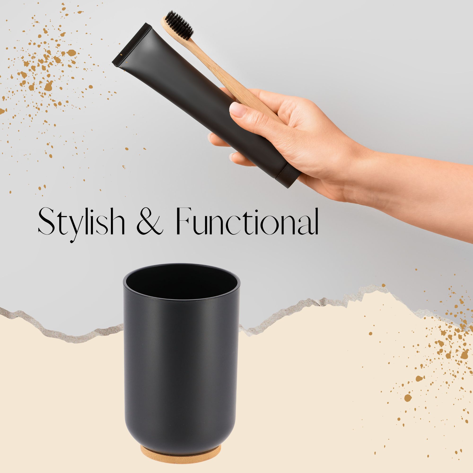 Black tumbler cup with toothbrush and toothpaste graphic