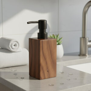 Acacia wood soap dispenser with black pump on bathroom countertop near sink