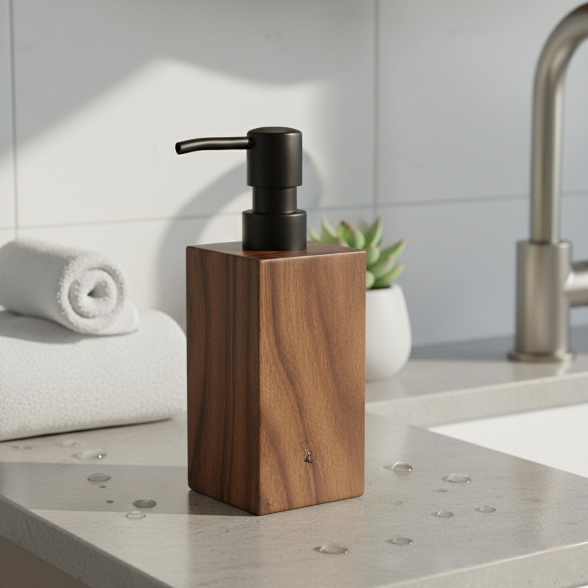 Acacia wood soap dispenser with black pump on bathroom countertop near sink