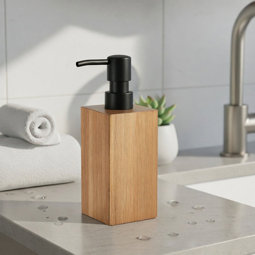 Natural acacia wood liquid soap dispenser with black pump dispensing soap into hands, refillable bathroom or kitchen sink bottle for hand soap dish soap lotion or sanitizer