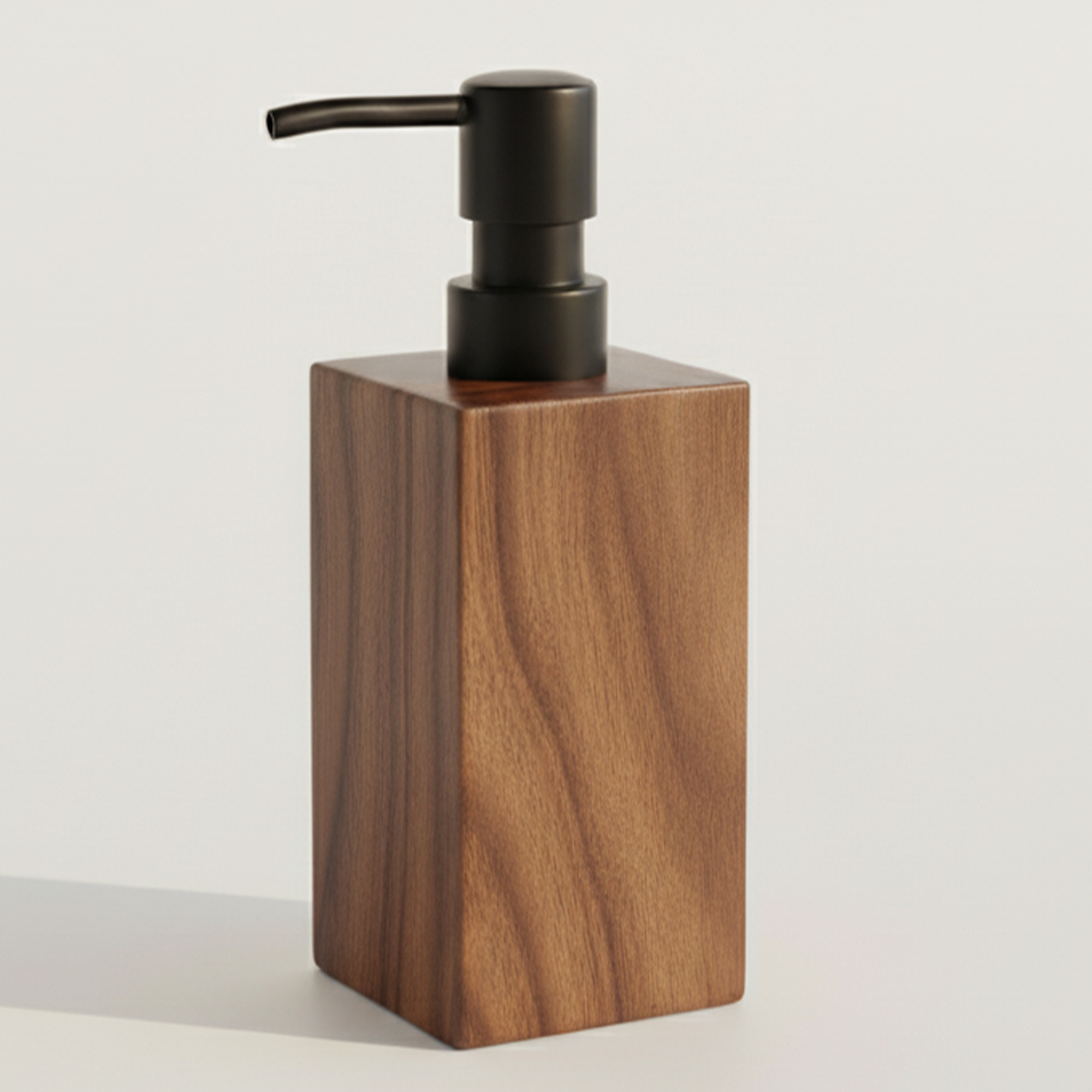 Acacia wood soap dispenser with black pump isolated on light background