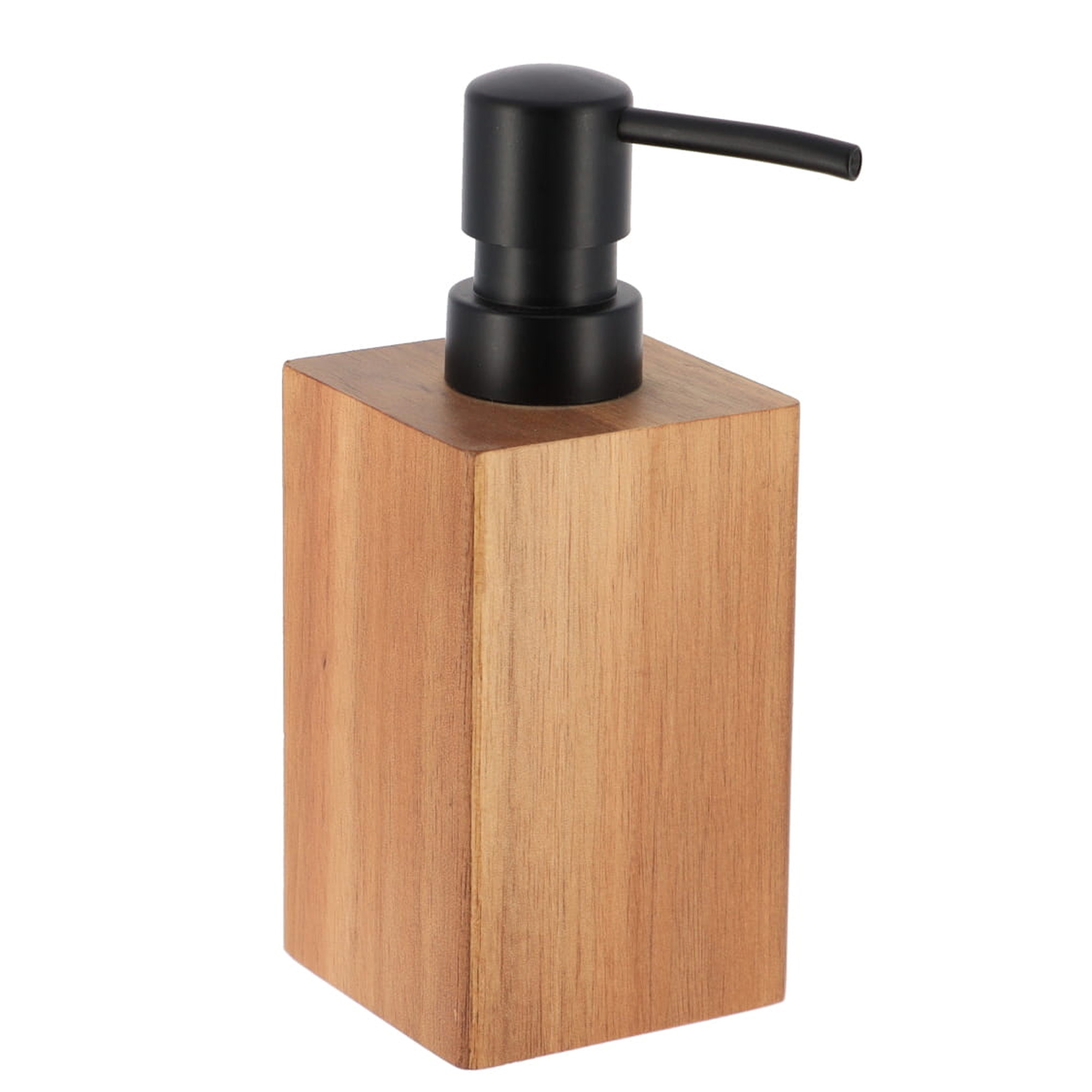 A rectangular wooden soap dispenser with a black pump, made from acacia wood.