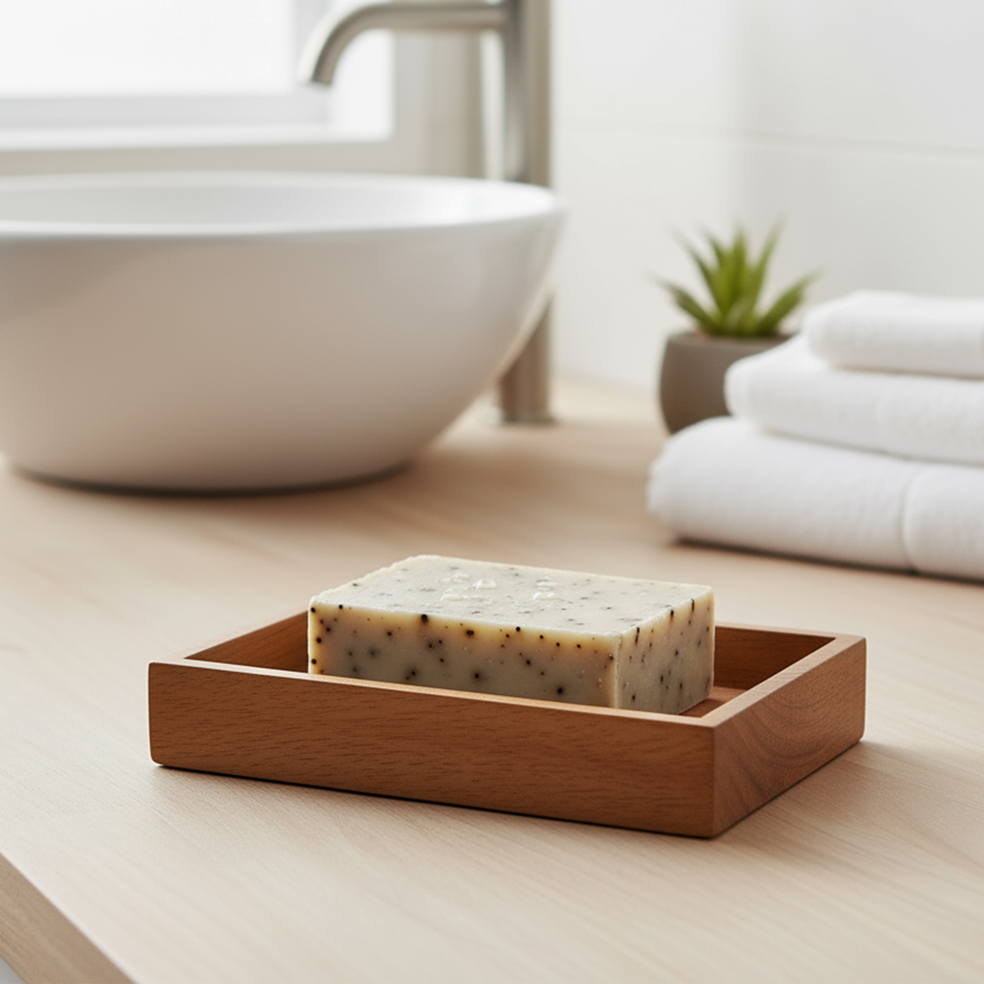 Acacia wood soap dish holding bar soap on bathroom vanity