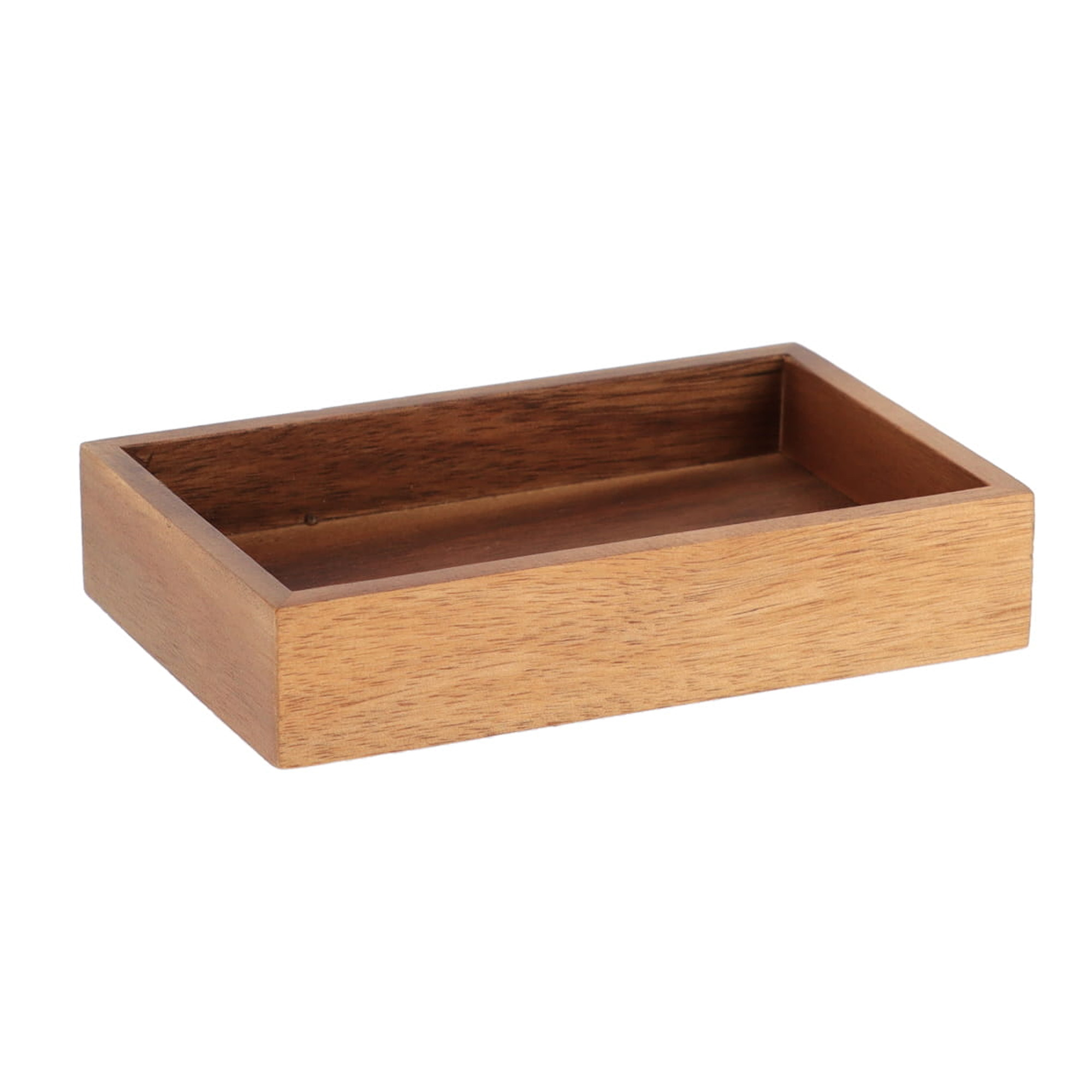 A rectangular wooden soap dish made from acacia wood with raised edges.