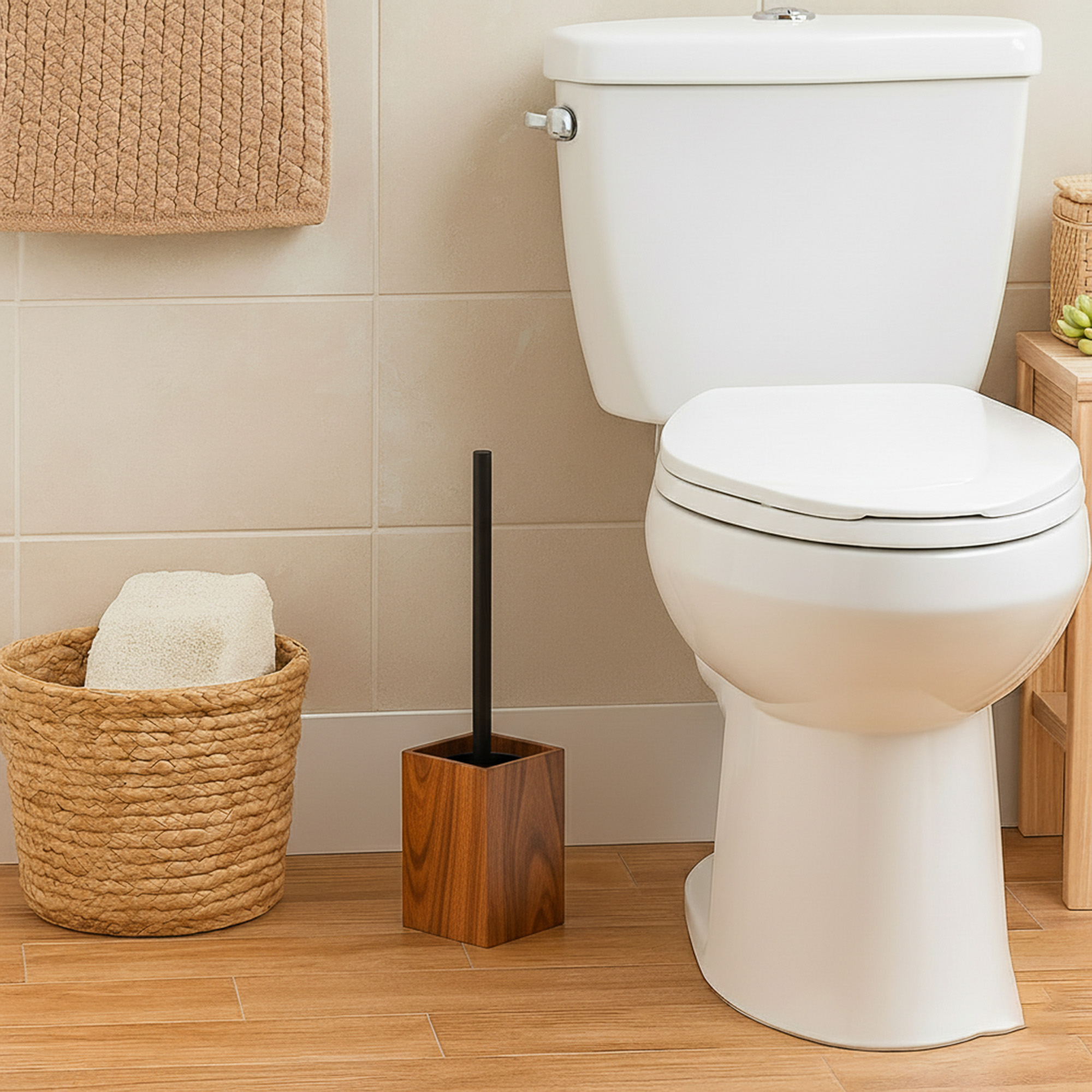 Wooden toilet brush holder in dark acacia wood beside white toilet and woven basket