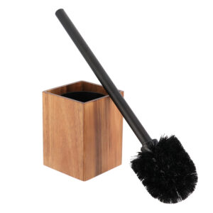 A toilet brush with a black handle and an acacia wood holder.