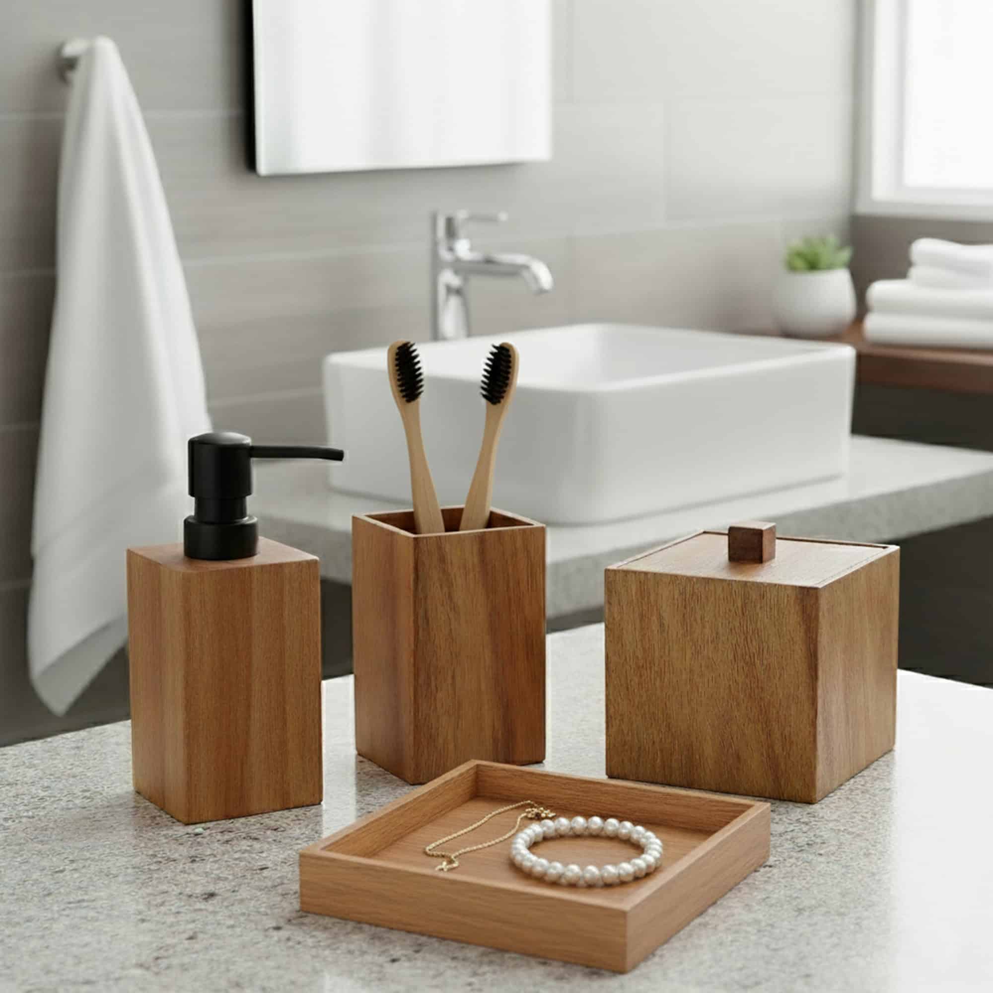 Wooden square tray with bathroom accessories collection