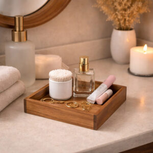 Wooden square tray holding jewelry and beauty products on bathroom counter