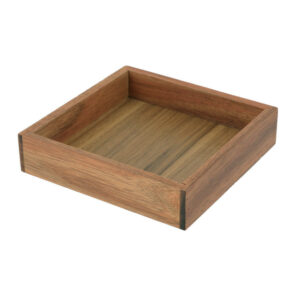 A square acacia wood tray with a minimalist design.