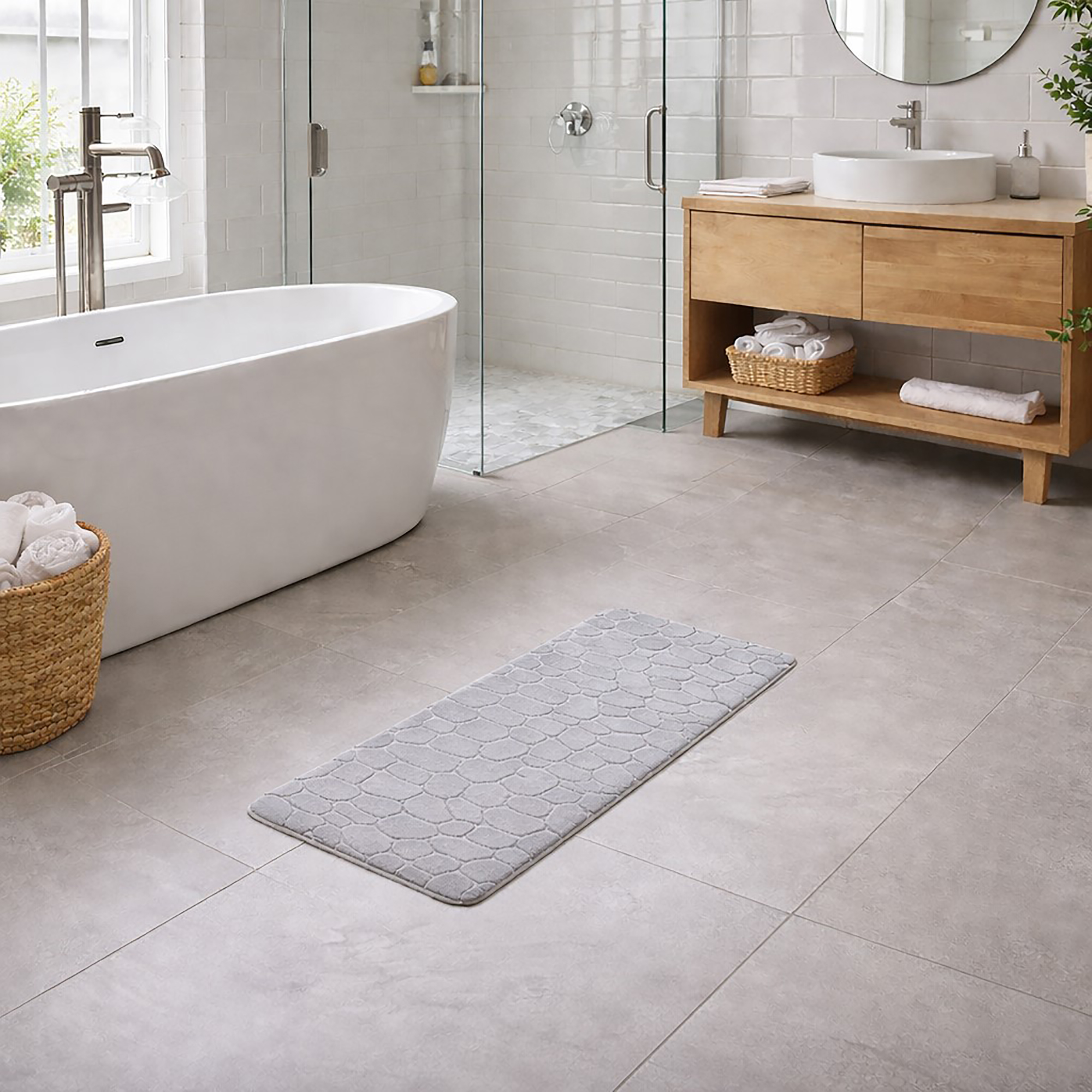 Light gray memory foam runner mat placed beside bathtub